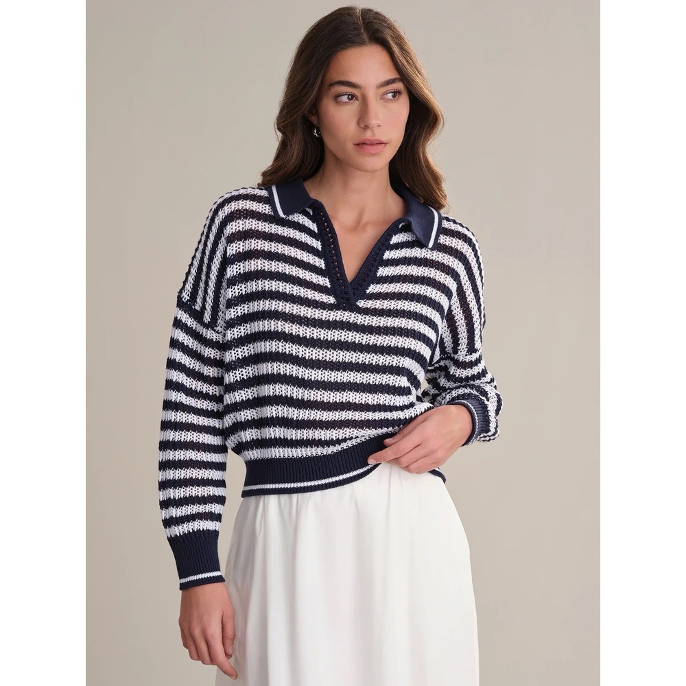 525 America Kimberly Cotton Navy Stripe Open Knit Polo Sweater XS Coastal Preppy